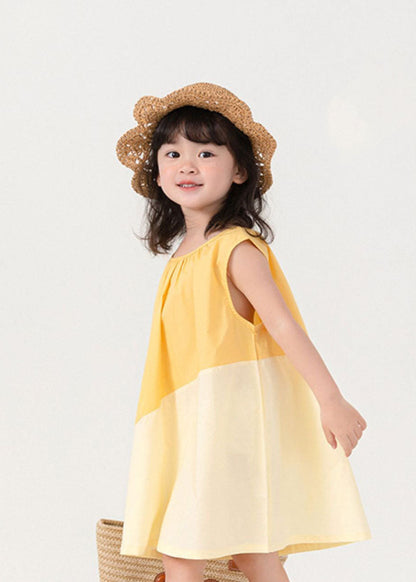 Unique Yellow O Neck Patchwork Cotton Baby Girls Dresses Sleeveless LY5515 - fabuloryshop