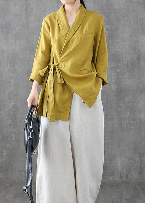 Unique Yellow Peter Pan Collar Pockets Tie Waist Patchwork Linen Coats Spring LY6259 - fabuloryshop