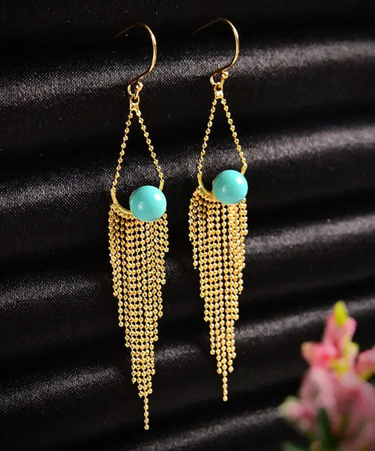 Unique Yellow Sterling Silver Overgild Turquoise Tassel Drop Earrings Ada Fashion