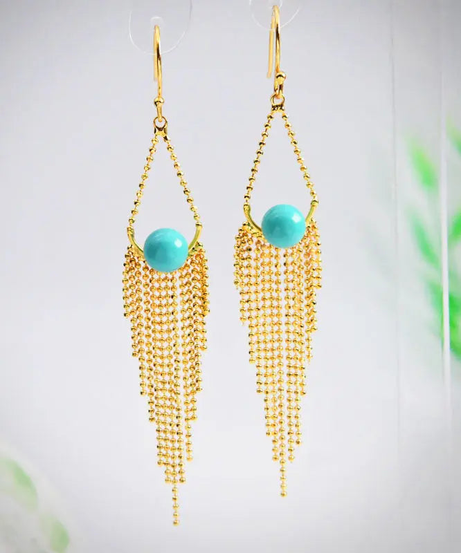 Unique Yellow Sterling Silver Overgild Turquoise Tassel Drop Earrings Ada Fashion