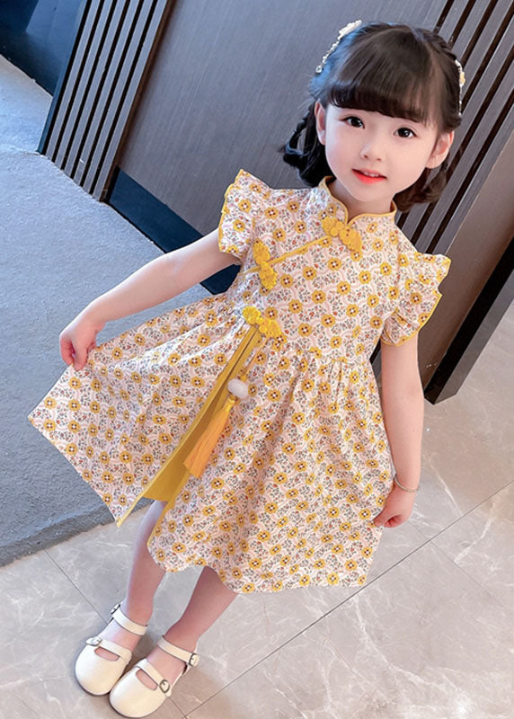Unique Yellow Tasseled Print Patchwork Cotton Baby Girls Dresses Summer LY6521 - fabuloryshop