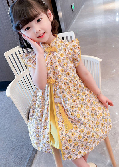 Unique Yellow Tasseled Print Patchwork Cotton Baby Girls Dresses Summer LY6521 - fabuloryshop