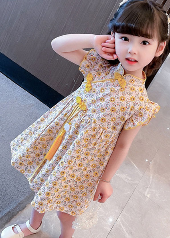 Unique Yellow Tasseled Print Patchwork Cotton Baby Girls Dresses Summer LY6521 - fabuloryshop