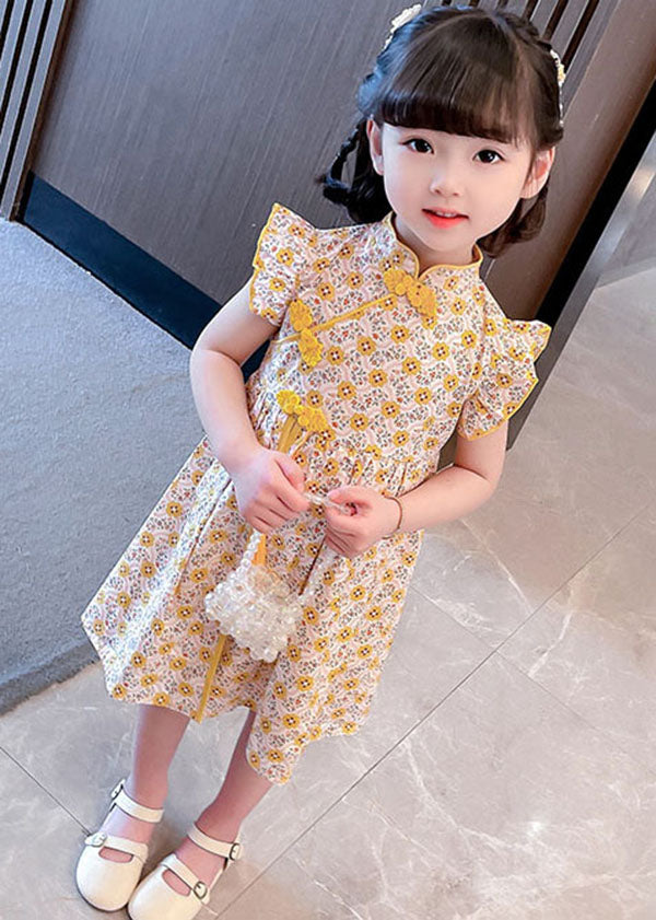 Unique Yellow Tasseled Print Patchwork Cotton Baby Girls Dresses Summer LY6521 - fabuloryshop