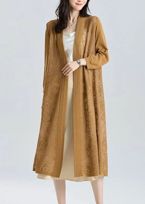 Unique Yellow V Neck Embroideried Patchwork Thin Ice Size Long Knit Cardigan Summer Ada Fashion