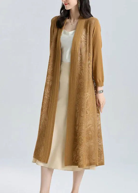 Unique Yellow V Neck Embroideried Patchwork Thin Ice Size Long Knit Cardigan Summer Ada Fashion