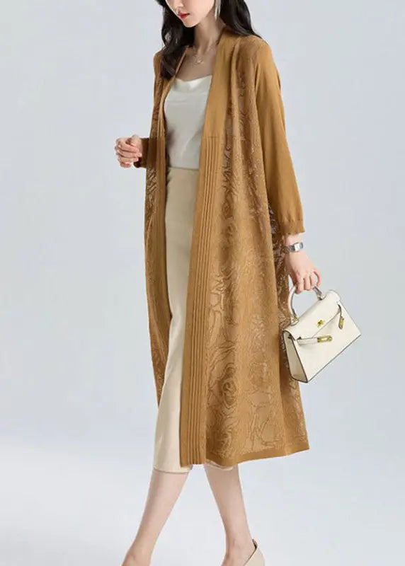 Unique Yellow V Neck Embroideried Patchwork Thin Ice Size Long Knit Cardigan Summer Ada Fashion