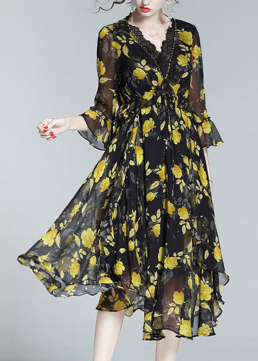 Unique Yellow V Neck Print Slim Silk Maxi Dresses Spring LY1048 - fabuloryshop