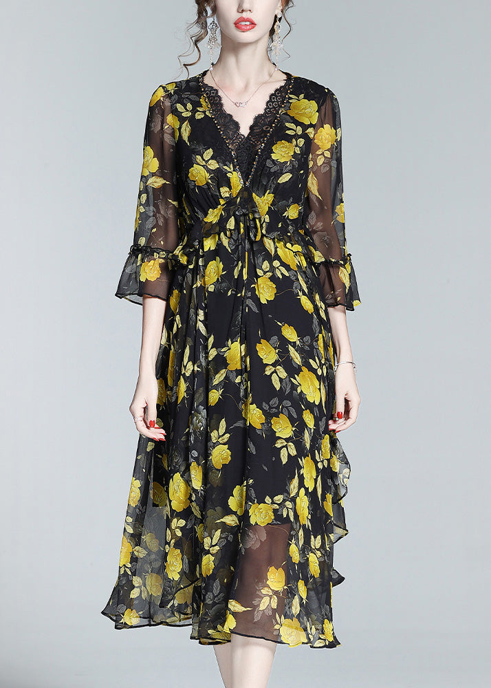 Unique Yellow V Neck Print Slim Silk Maxi Dresses Spring LY1048 - fabuloryshop