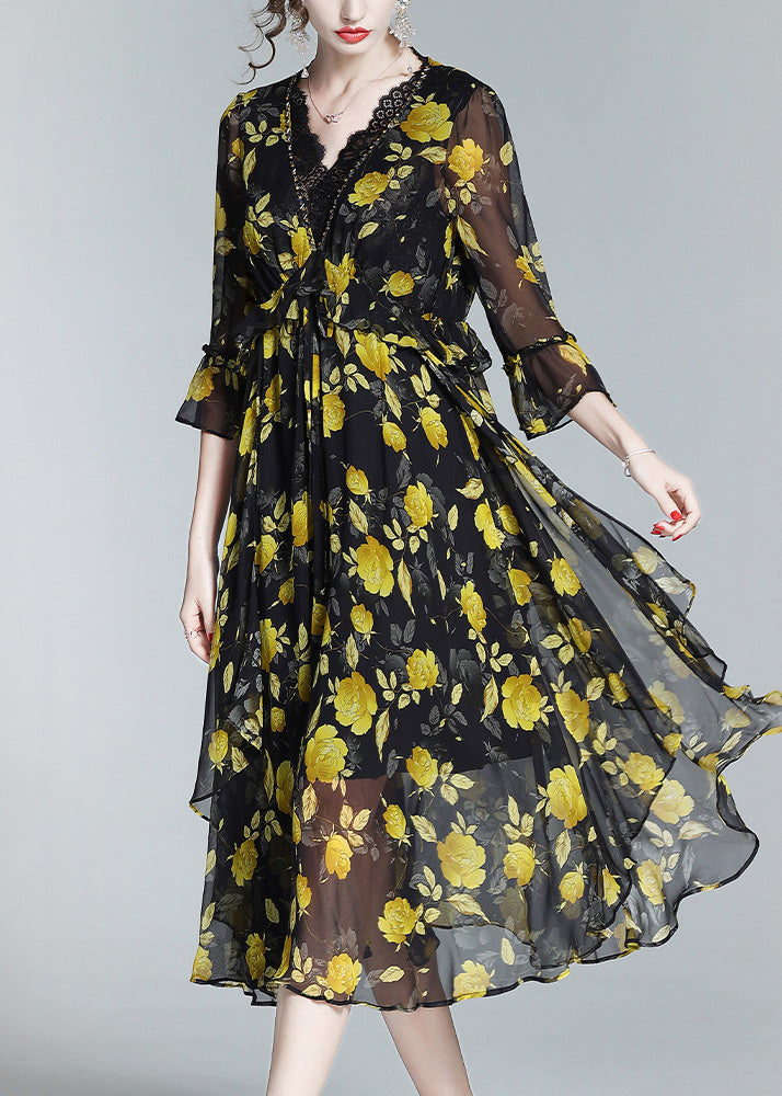 Unique Yellow V Neck Print Slim Silk Maxi Dresses Spring LY1048 - fabuloryshop