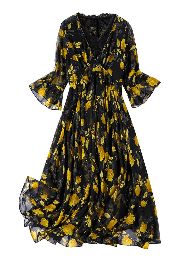 Unique Yellow V Neck Print Slim Silk Maxi Dresses Spring LY1048 - fabuloryshop