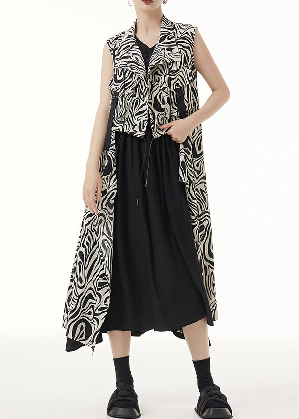 Unique Zebra Pattern Asymmetrical Lace Up Patchwork Silk Long Waistcoat Sleeveless Ada Fashion