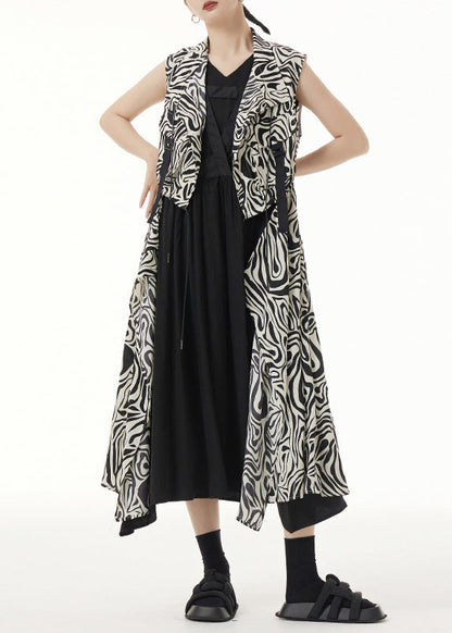 Unique Zebra Pattern Asymmetrical Lace Up Patchwork Silk Long Waistcoat Sleeveless Ada Fashion