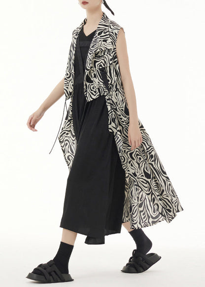 Unique Zebra Pattern Asymmetrical Lace Up Patchwork Silk Long Waistcoat Sleeveless Ada Fashion