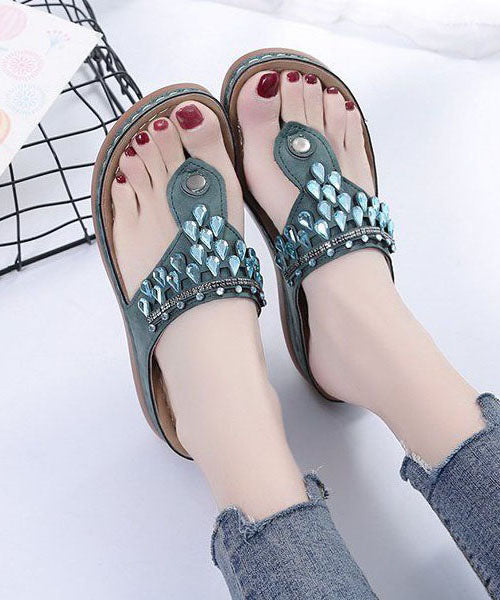 Unique Zircon Splicing Wedge Thong Sandals Green Faux Leather LY2678 - fabuloryshop