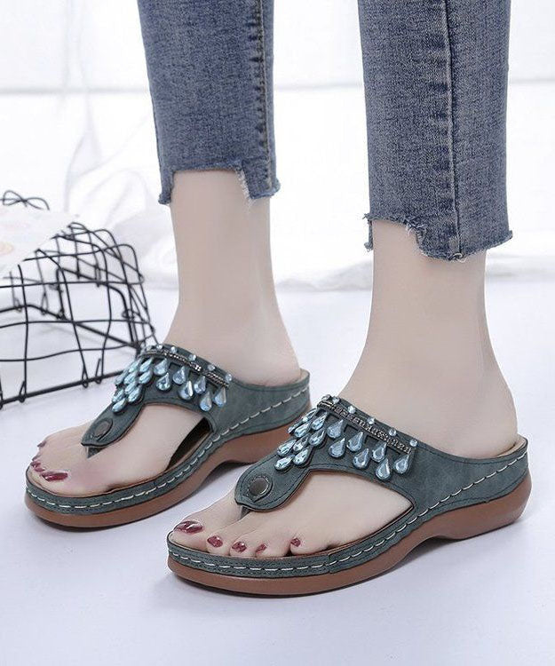 Unique Zircon Splicing Wedge Thong Sandals Green Faux Leather LY2678 - fabuloryshop