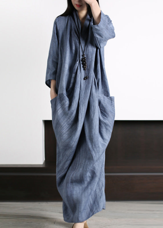 Vetro Blue V Neck Print Wrinkled Asymmetrical Linen Maxi Dress Long Sleeve LY5143 - fabuloryshop