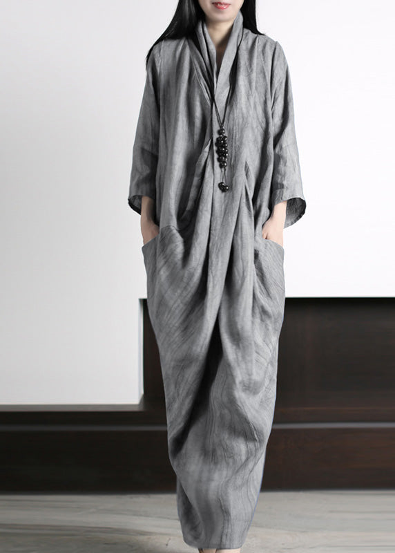 Vetro Blue V Neck Print Wrinkled Asymmetrical Linen Maxi Dress Long Sleeve LY5143 - fabuloryshop