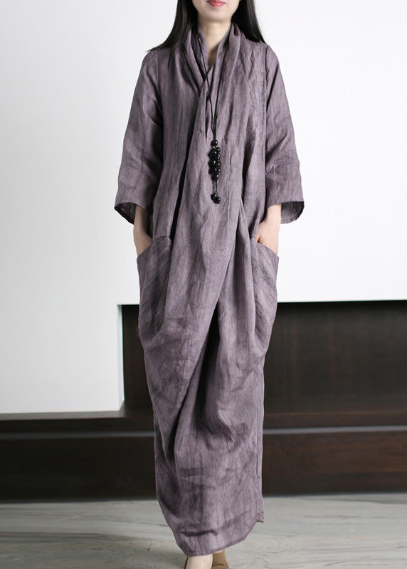 Vetro Blue V Neck Print Wrinkled Asymmetrical Linen Maxi Dress Long Sleeve LY5143 - fabuloryshop