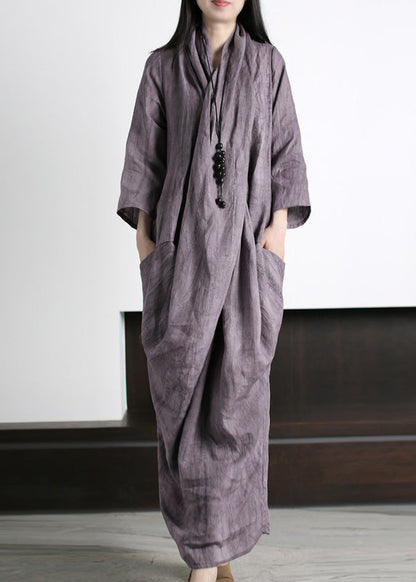 Vetro Blue V Neck Print Wrinkled Asymmetrical Linen Maxi Dress Long Sleeve LY5143 - fabuloryshop