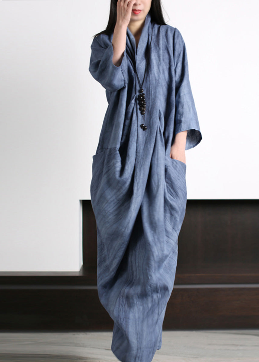 Vetro Blue V Neck Print Wrinkled Asymmetrical Linen Maxi Dress Long Sleeve LY5143 - fabuloryshop