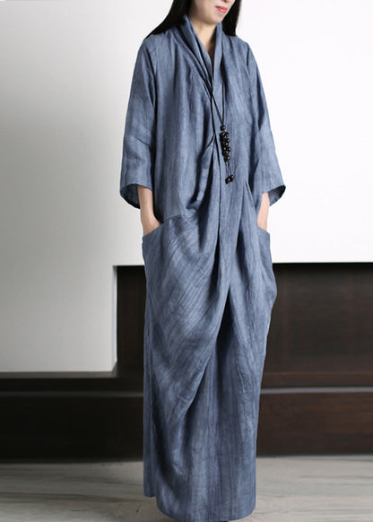 Vetro Blue V Neck Print Wrinkled Asymmetrical Linen Maxi Dress Long Sleeve LY5143 - fabuloryshop