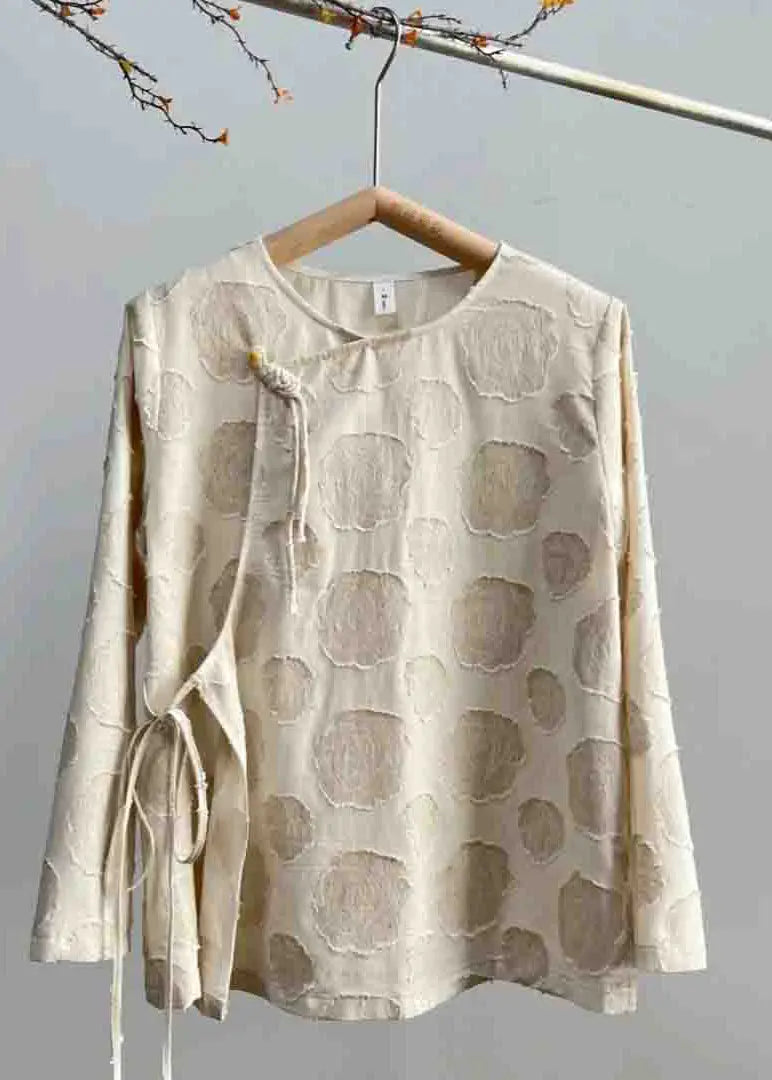 Vintage Apricot O-Neck Asymmetrical Button Tops Long Sleeve Ada Fashion