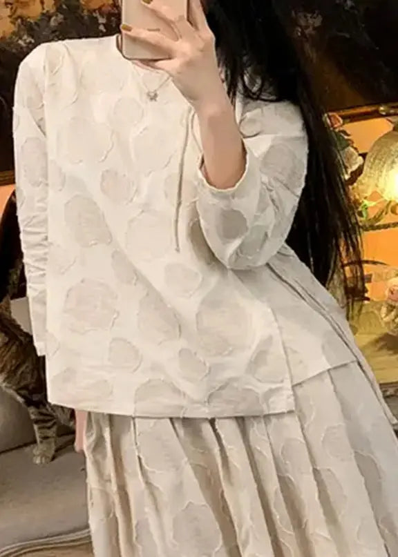 Vintage Apricot O-Neck Asymmetrical Button Tops Long Sleeve Ada Fashion