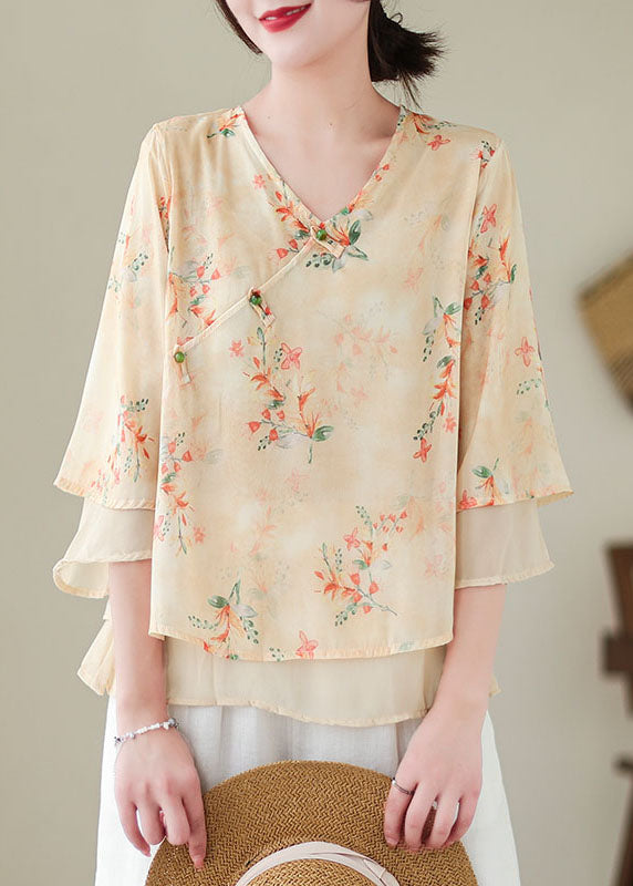 Vintage Apricot V Neck Print Patchwork Chiffon Shirt Top Summer LY5289 - fabuloryshop