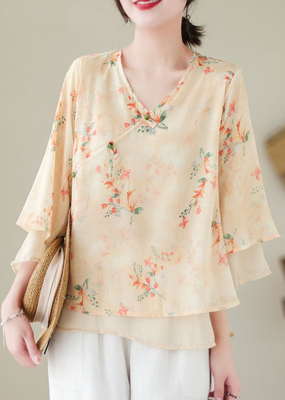 Vintage Apricot V Neck Print Patchwork Chiffon Shirt Top Summer LY5289 - fabuloryshop
