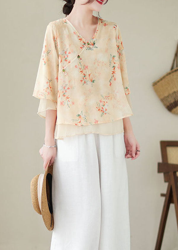 Vintage Apricot V Neck Print Patchwork Chiffon Shirt Top Summer LY5289 - fabuloryshop