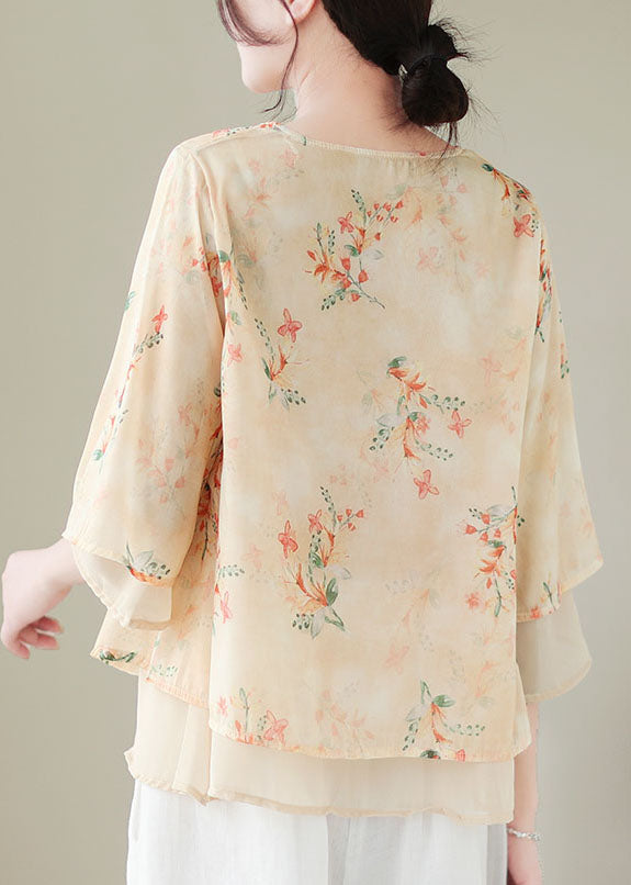 Vintage Apricot V Neck Print Patchwork Chiffon Shirt Top Summer LY5289 - fabuloryshop