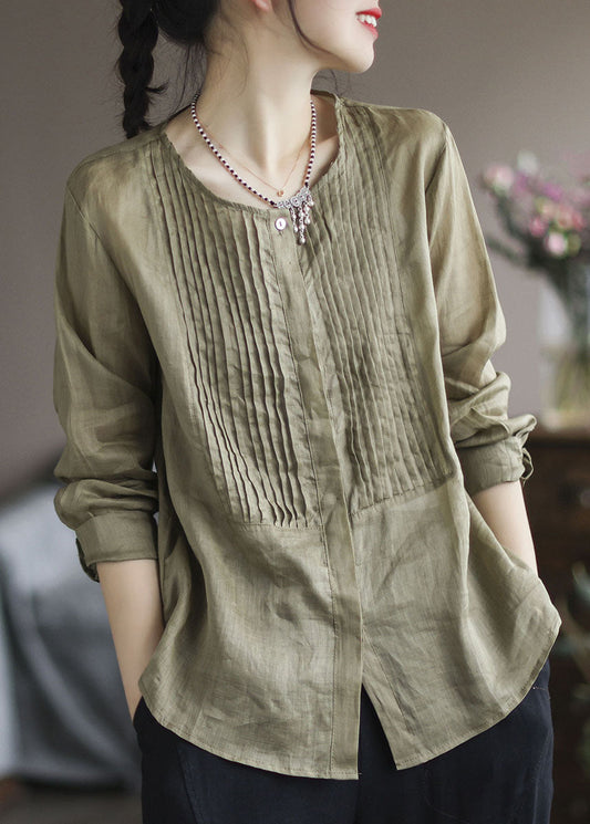 Vintage Army Green Wrinkled Patchwork Linen Shirt Top Spring LY6218 - fabuloryshop