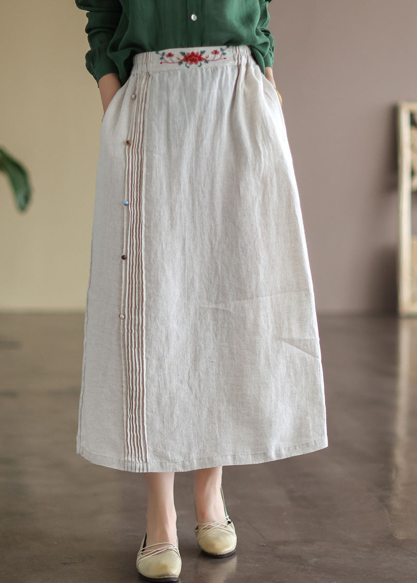 Vintage Beige Embroideried Pockets Patchwork Cotton Skirts Summer Ada Fashion