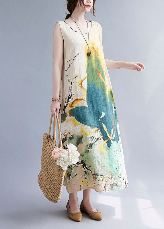Vintage Beige Print O-Neck Linen Vacation Dresses Summer LY0658