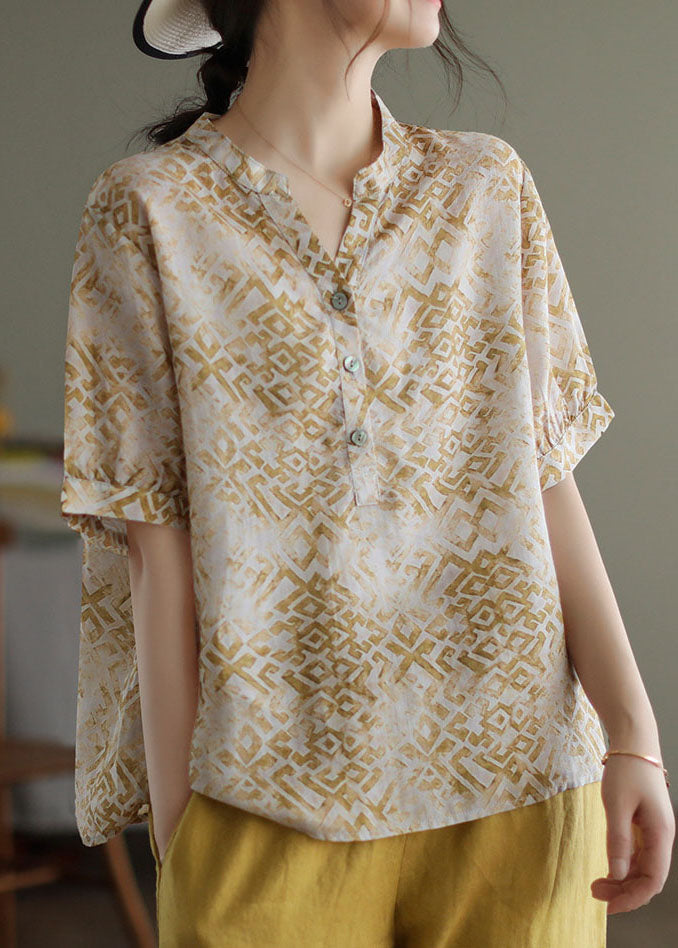 Vintage Beige V Neck Print Patchwork Linen T Shirt Top Summer LY4990 - fabuloryshop