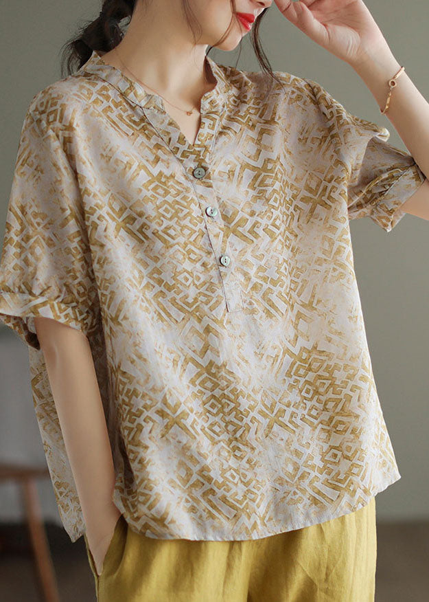 Vintage Beige V Neck Print Patchwork Linen T Shirt Top Summer LY4990 - fabuloryshop