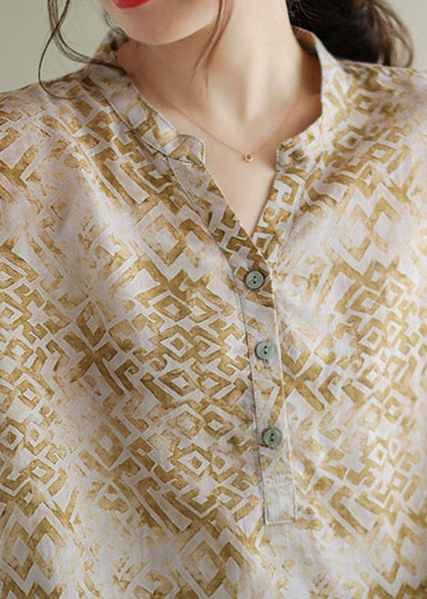 Vintage Beige V Neck Print Patchwork Linen T Shirt Top Summer LY4990 - fabuloryshop