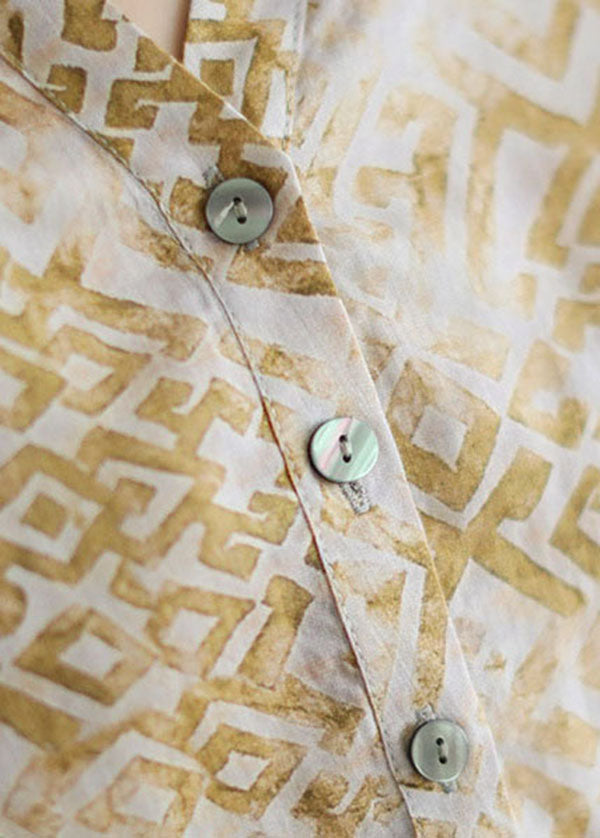 Vintage Beige V Neck Print Patchwork Linen T Shirt Top Summer LY4990 - fabuloryshop