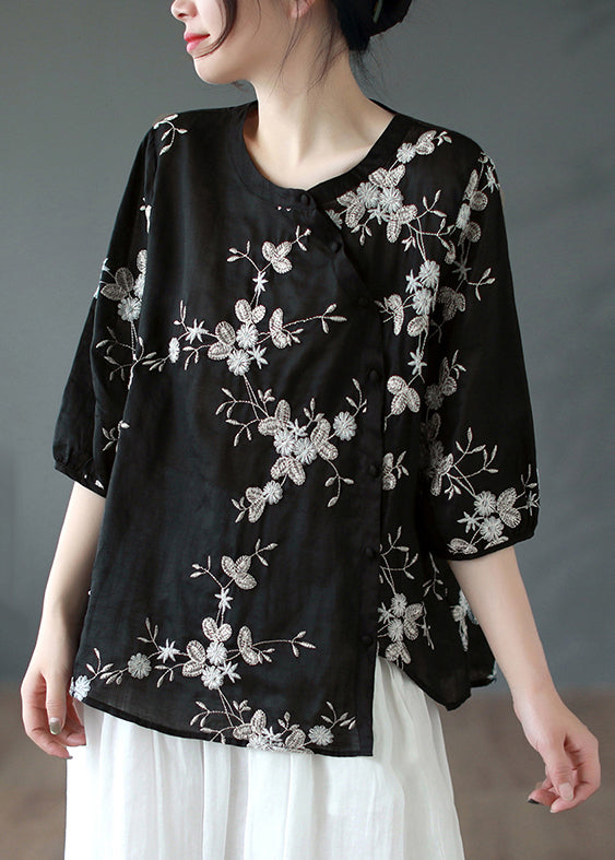 Vintage Black Asymmetrical Button Patchwork Linen Shirt Summer Ada Fashion