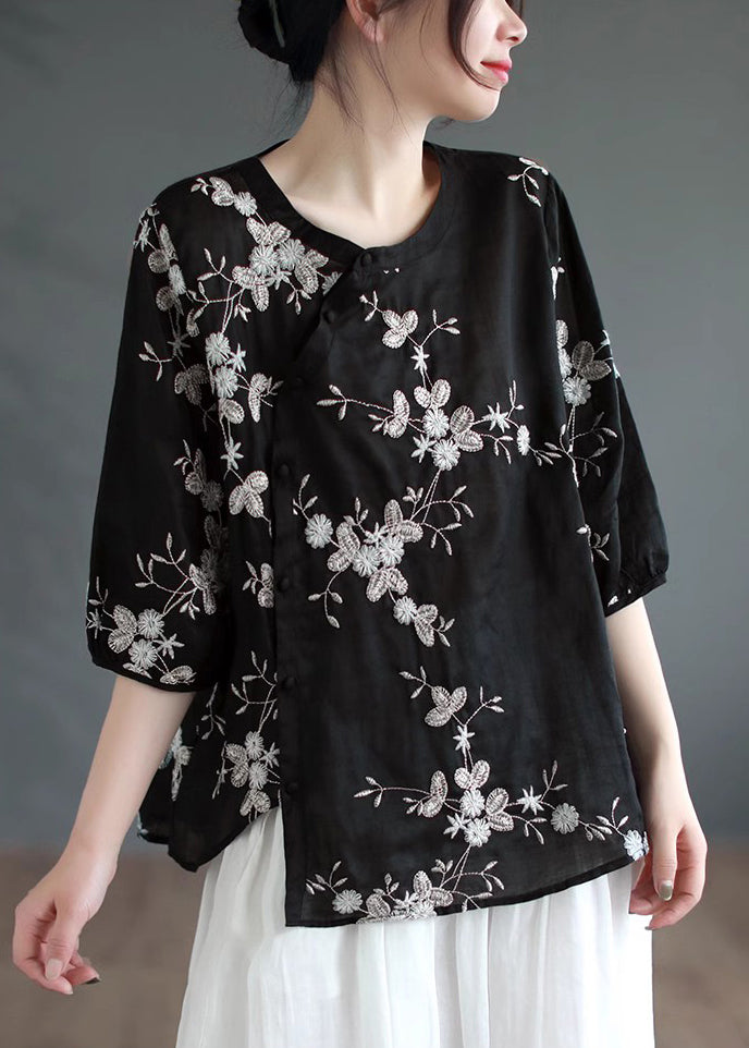 Vintage Black Asymmetrical Button Patchwork Linen Shirt Summer Ada Fashion