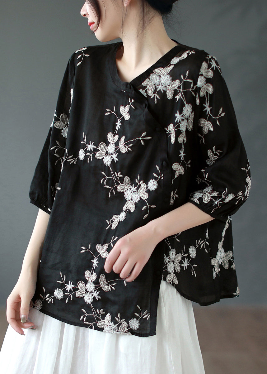 Vintage Black Asymmetrical Button Patchwork Linen Shirt Summer Ada Fashion