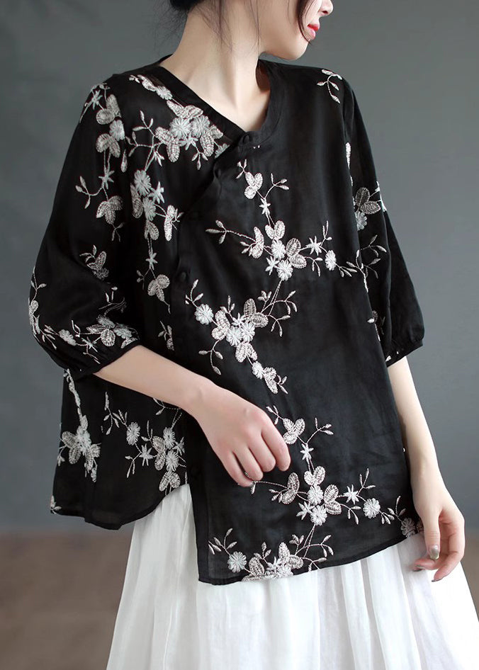 Vintage Black Asymmetrical Button Patchwork Linen Shirt Summer Ada Fashion