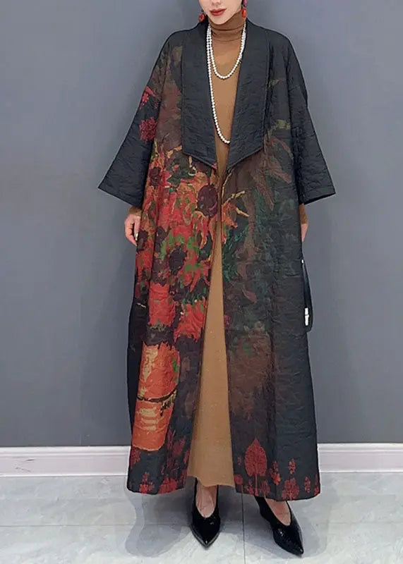 Vintage Black Asymmetrical Print Long Trench Coats Long Sleeve Ada Fashion