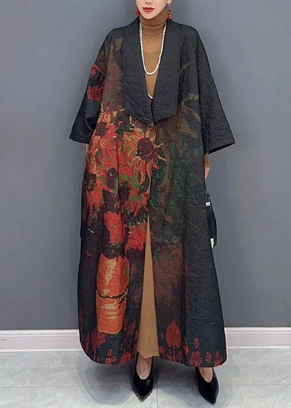 Vintage Black Asymmetrical Print Long Trench Coats Long Sleeve Ada Fashion