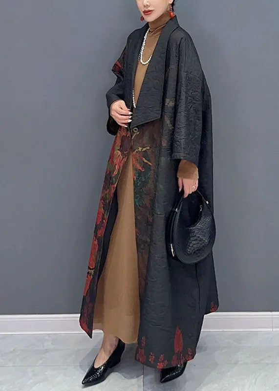 Vintage Black Asymmetrical Print Long Trench Coats Long Sleeve Ada Fashion