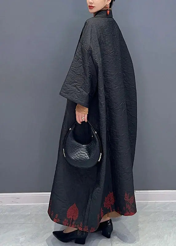 Vintage Black Asymmetrical Print Long Trench Coats Long Sleeve Ada Fashion