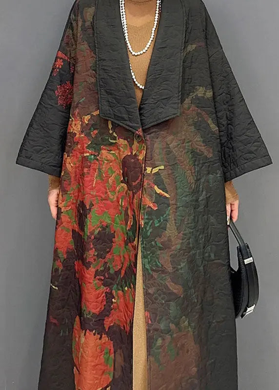 Vintage Black Asymmetrical Print Long Trench Coats Long Sleeve Ada Fashion