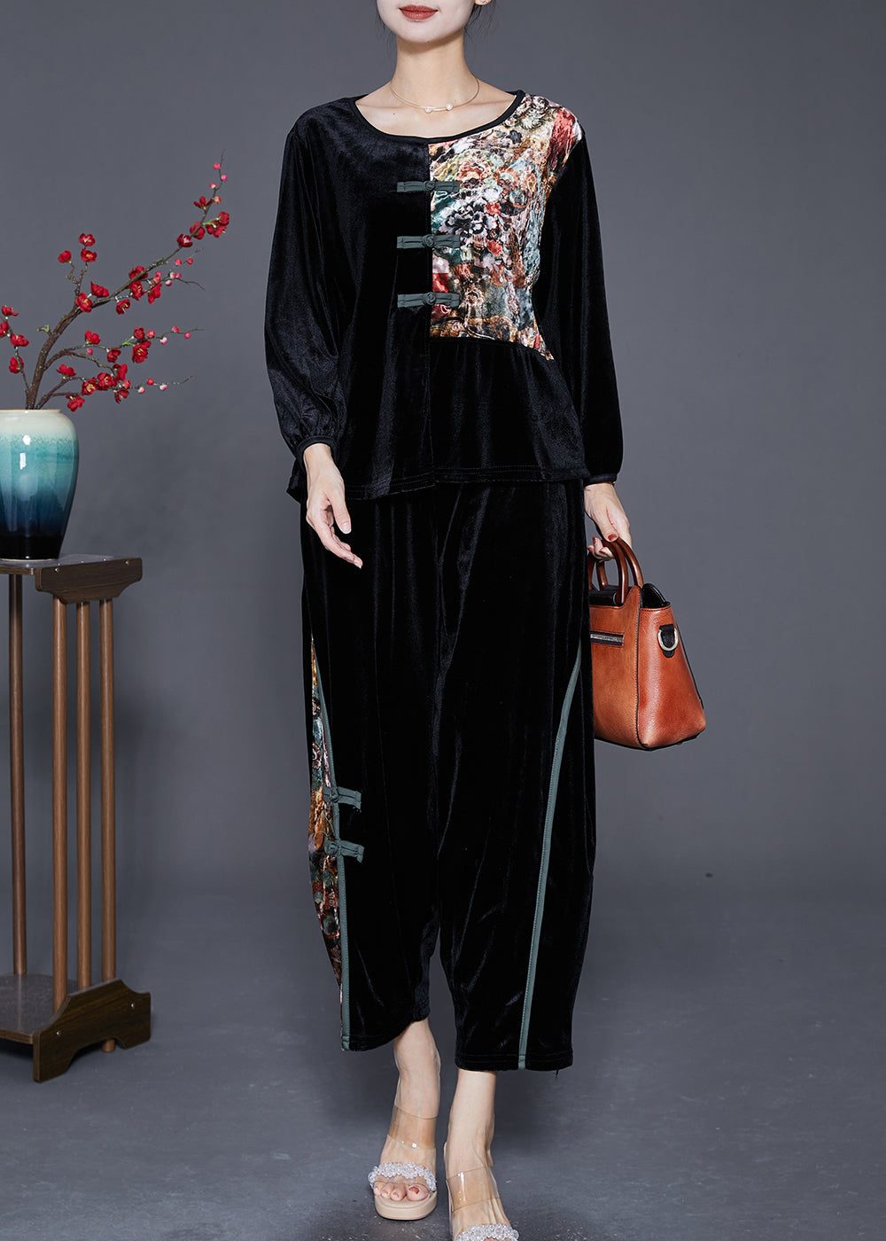 Vintage Black Chinese Button Patchwork Silk Velour Two Pieces Set Spring Ada Fashion