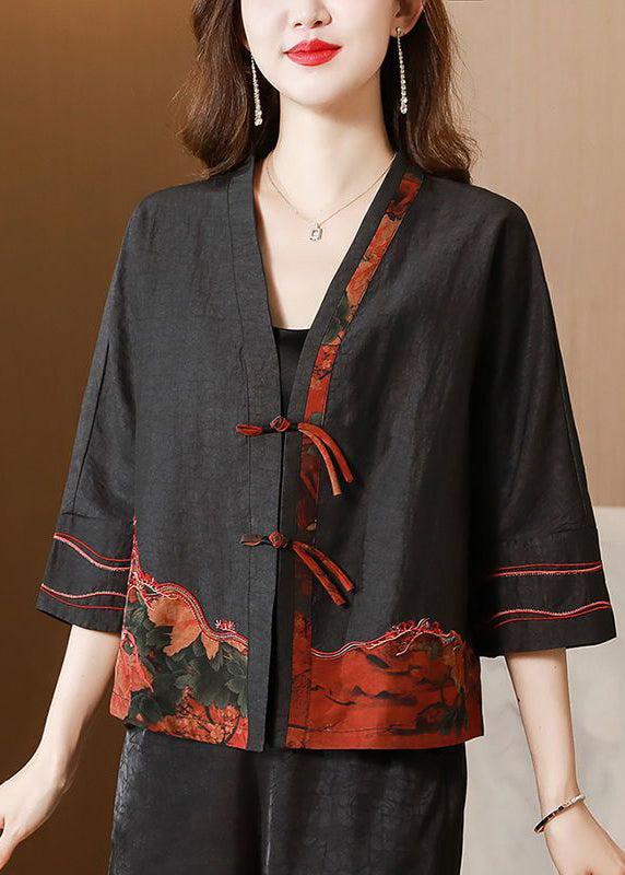 Vintage Black Embroideried Chinese Button Silk Jacket Bracelet Sleeve LY0695 - fabuloryshop